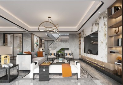 新中式别墅客餐厅3D模型下载